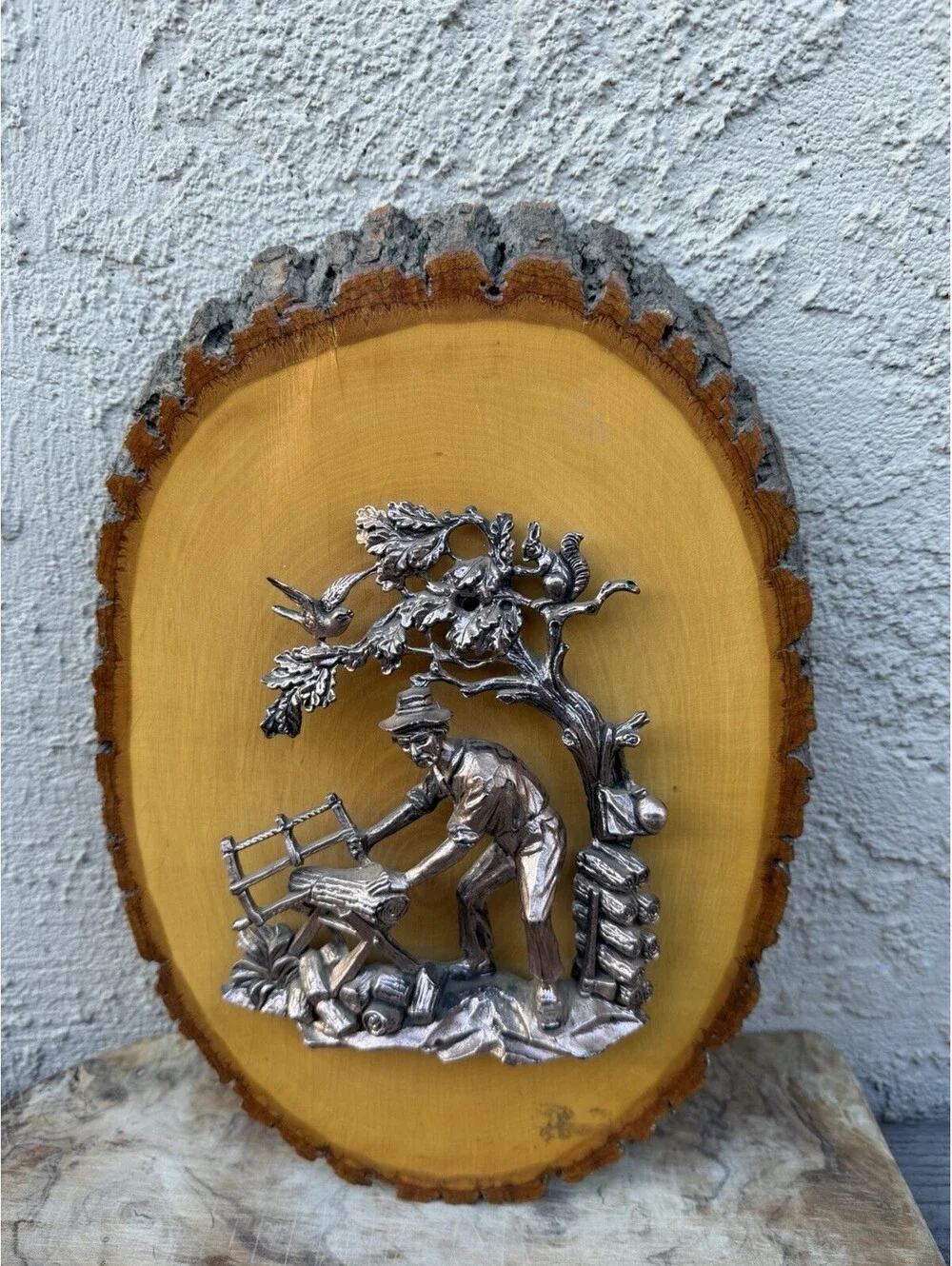 Vintage German 3D Metal Woodcutter Plaque Tree Slice Folk Art Personal Note